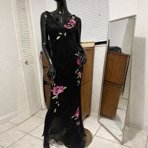 Vintage Sue Wong 100% Silk Black Beaded Floral Embroidered Gown Dress Size 8